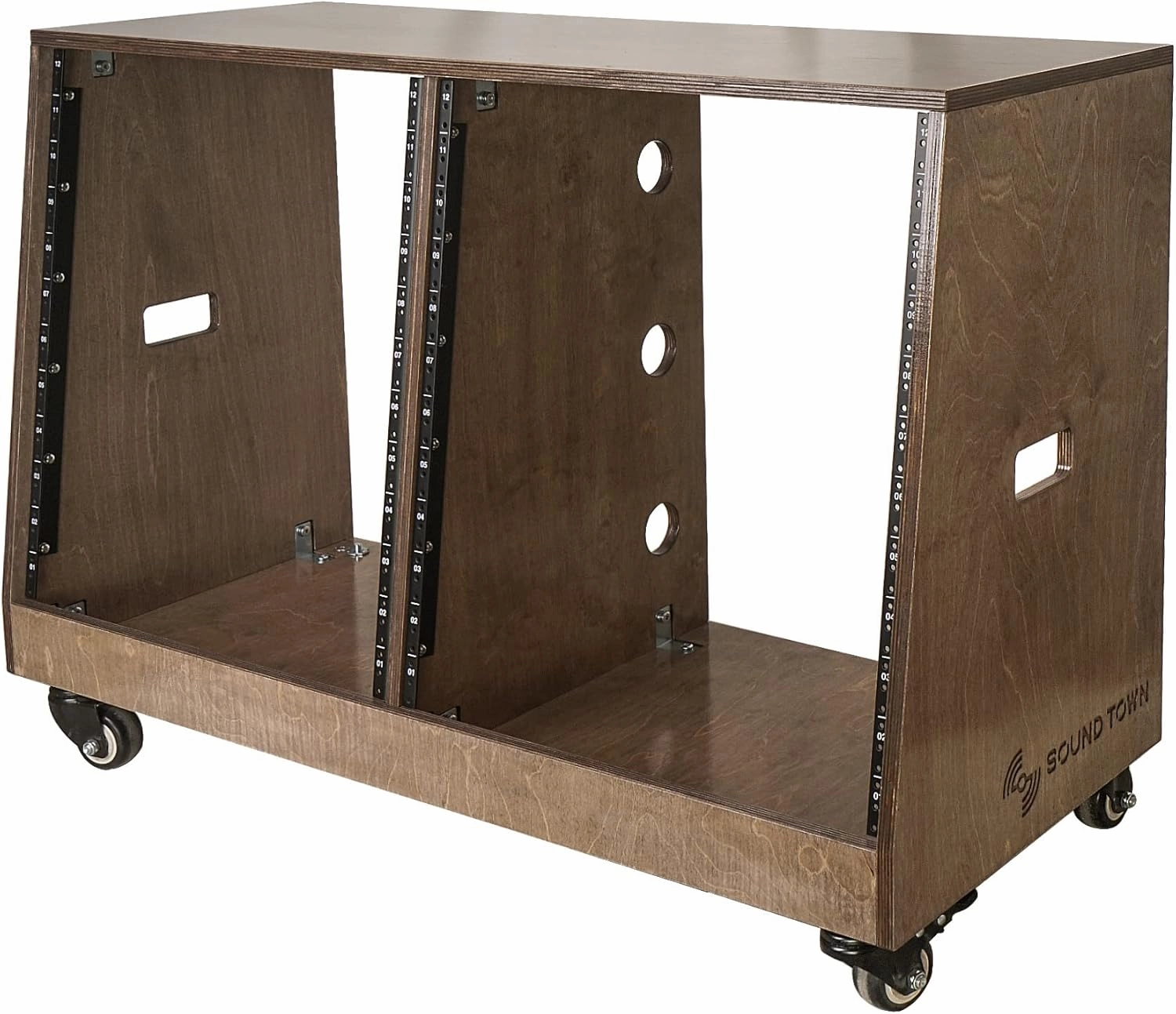Sound Town DIY 2 x 12U Slanted Studio Rack with Solid Baltic Birch Plywood, Casters, weathered brown for Recording Room, Home Studio (SDRK-D12TB)