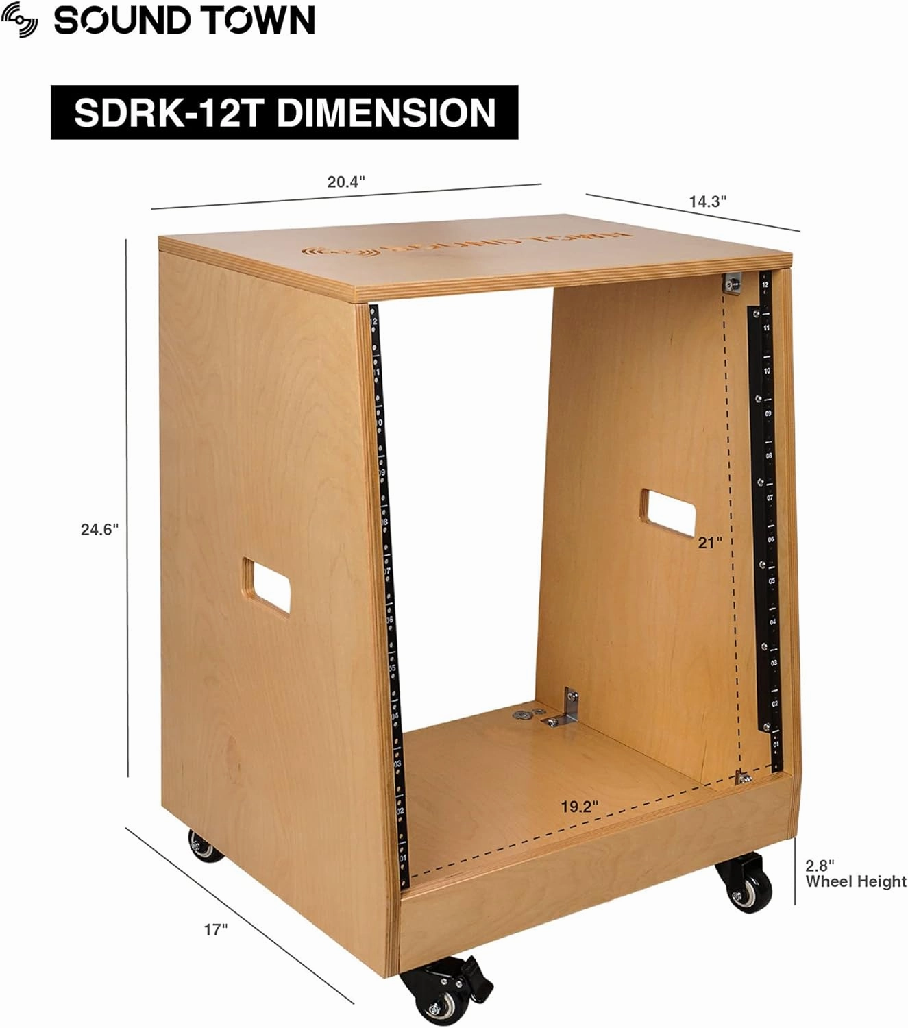 Sound Town DIY Solid Baltic Birch Plywood Slanted 12U Studio Rack, Golden Oak, Rubber Feet, Casters (SDRK-12T)