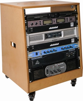 Sound Town DIY Solid Baltic Birch Plywood Slanted 12U Studio Rack, Golden Oak, Rubber Feet, Casters (SDRK-12T) audio rack,hi-fi component stand,media shelf,