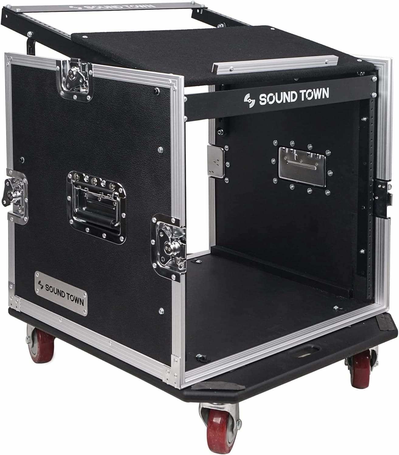 Sound Town Enhanced 1/2" (12mm) Plywood 10U PA DJ Pro Audio Rack/Road ATA Case with 11U Slant Mixer Top, 20 Rackable Depth and Casters, 10 Space Size, Pro Tour Grade (STMR-10UW) rackmount gear,audio rack equipment,studio rackmounts,