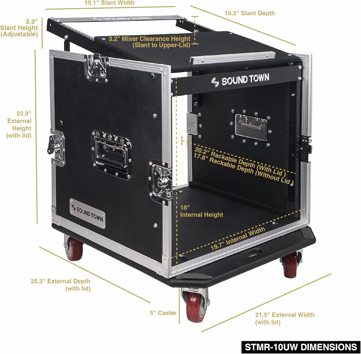 Sound Town Enhanced 1/2" (12mm) Plywood 10U PA DJ Pro Audio Rack/Road ATA Case with 11U Slant Mixer Top, 20 Rackable Depth and Casters, 10 Space Size, Pro Tour Grade (STMR-10UW)