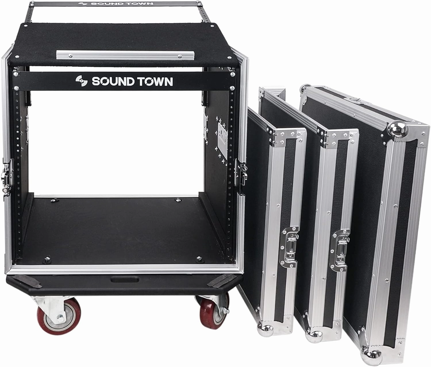 Sound Town Enhanced 1/2" (12mm) Plywood 10U PA DJ Pro Audio Rack/Road ATA Case with 11U Slant Mixer Top, 20 Rackable Depth and Casters, 10 Space Size, Pro Tour Grade (STMR-10UW)