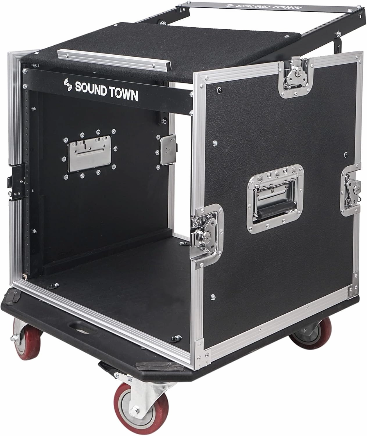 Sound Town Enhanced 1/2" (12mm) Plywood 10U PA DJ Pro Audio Rack/Road ATA Case with 11U Slant Mixer Top, 20 Rackable Depth and Casters, 10 Space Size, Pro Tour Grade (STMR-10UW)