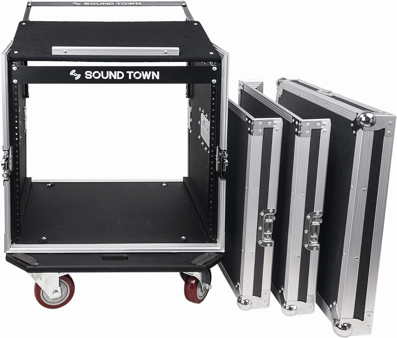 Sound Town Enhanced 1/2" (12mm) Plywood 10U PA DJ Pro Audio Rack/Road ATA Case with 11U Slant Mixer Top, 20 Rackable Depth and Casters, 10 Space Size, Pro Tour Grade (STMR-10UW)
