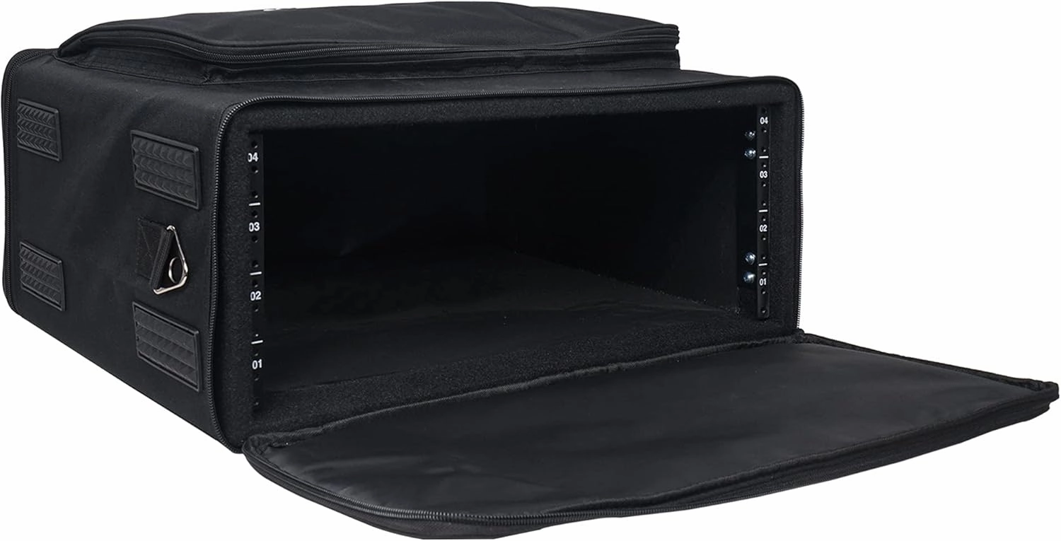 Sound Town Portable 4U Rack Bag, Soft Rack Case with 14" Rackable Depth, Plywood Rack Frame, Shoulder Strap, Accessory Pocket (STRB-416B)