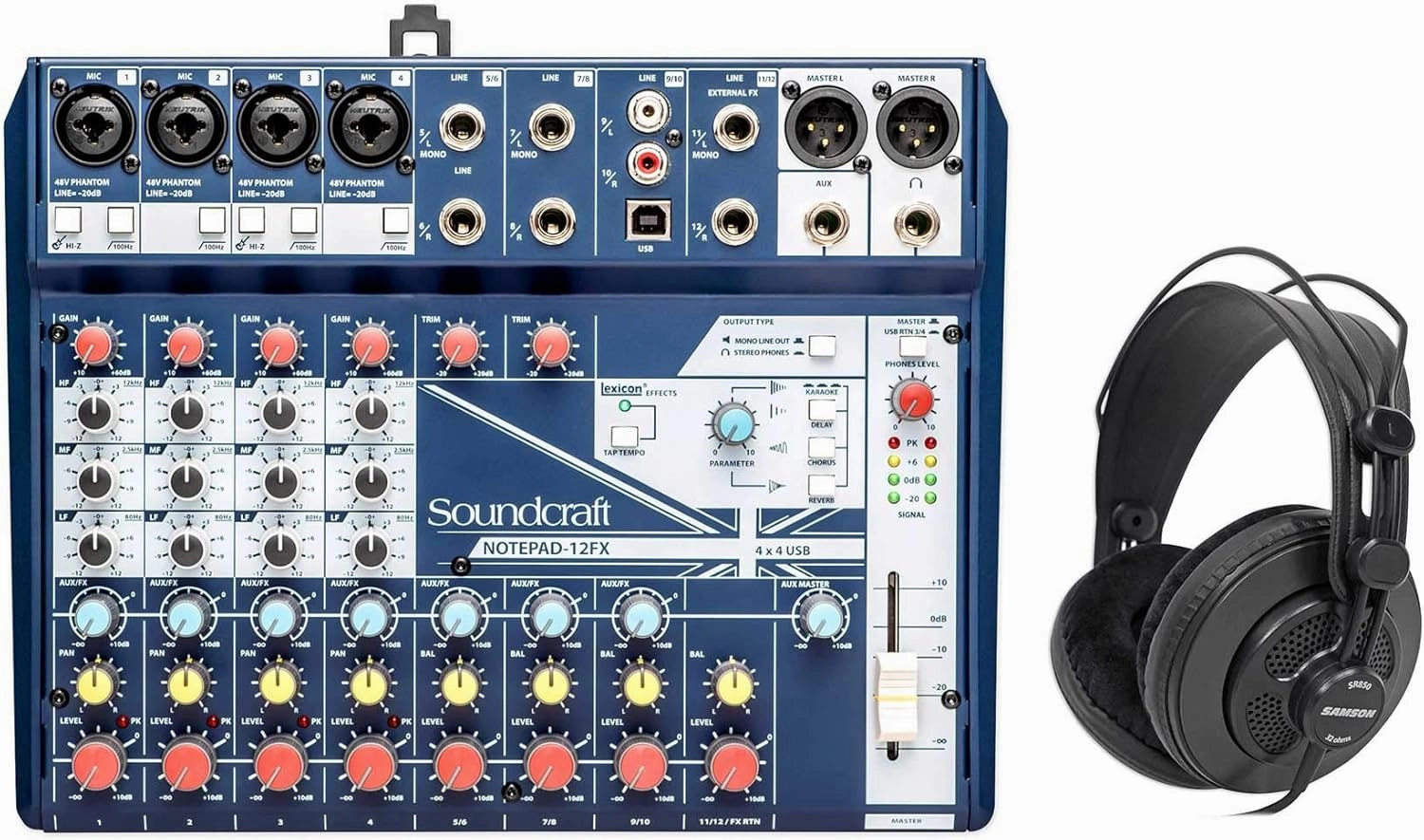 Soundcraft Notepad-12FX 12-Channel Mixer w/ 4x4 USB Interface with Lexicon Effects Bundle with Samson SR850 Professional Semi-open Studio Reference Monitoring Headphones reference headphones,neutral sound headphones,monitor headphones,