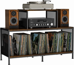 Spacious Vintage Record Player Table - Holds 150-250 Vinyl Albums, Adjustable Dividers, Side Display Areas - Ideal for Living Room, Bedroom, Office vinyl storage,record holder,LP organizer,