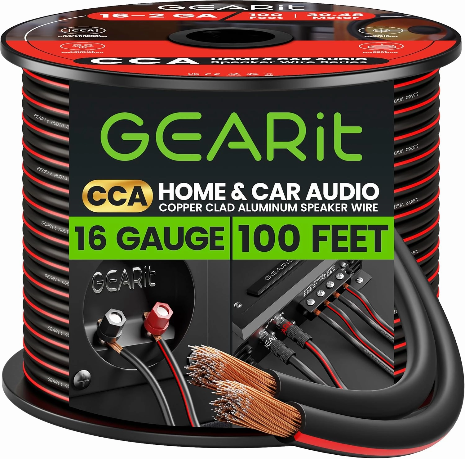 Speaker Wire 16 Gauge, GearIT Pro Series 16/2 AWG Speaker Cable (100 Feet / 30.48 Meters) Great Use for Home Theater Speakers and Car Speakers Black speaker cable,audio wire,hi-fi speaker cord,