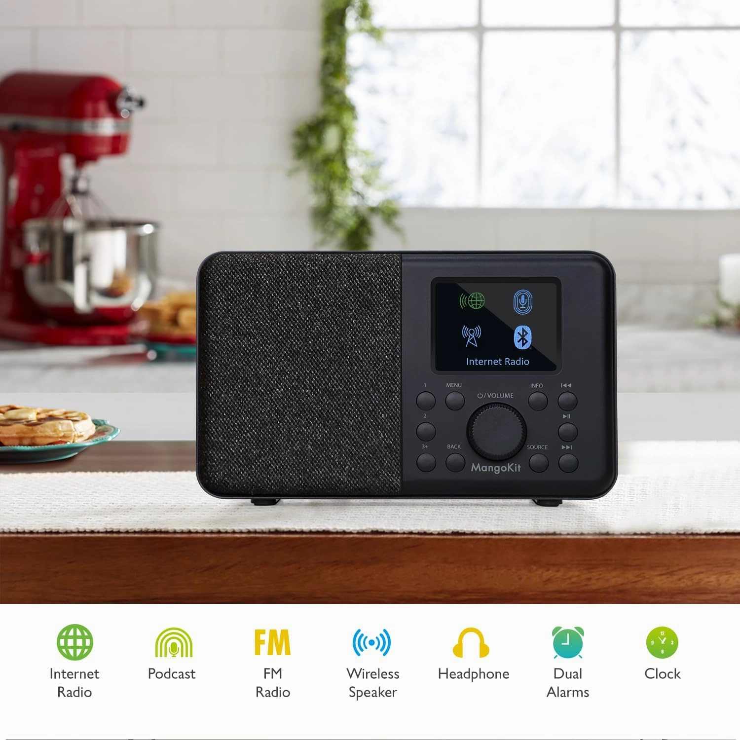 SR10 Smart WiFi Internet Radio, Podcast Player, Bluetooth Speaker, Portable FM Radio, Mains and Battery Powered Radio, Color Display,Dual Alarms, Presets,Application Control Support-Black