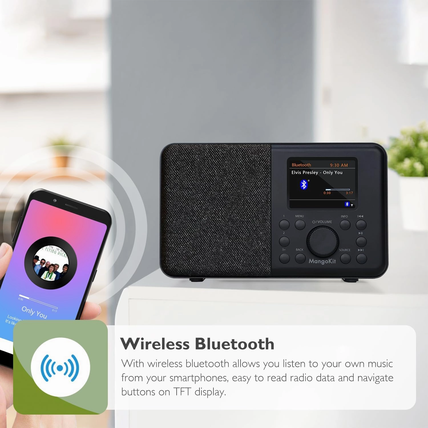 SR10 Smart WiFi Internet Radio, Podcast Player, Bluetooth Speaker, Portable FM Radio, Mains and Battery Powered Radio, Color Display,Dual Alarms, Presets,Application Control Support-Black
