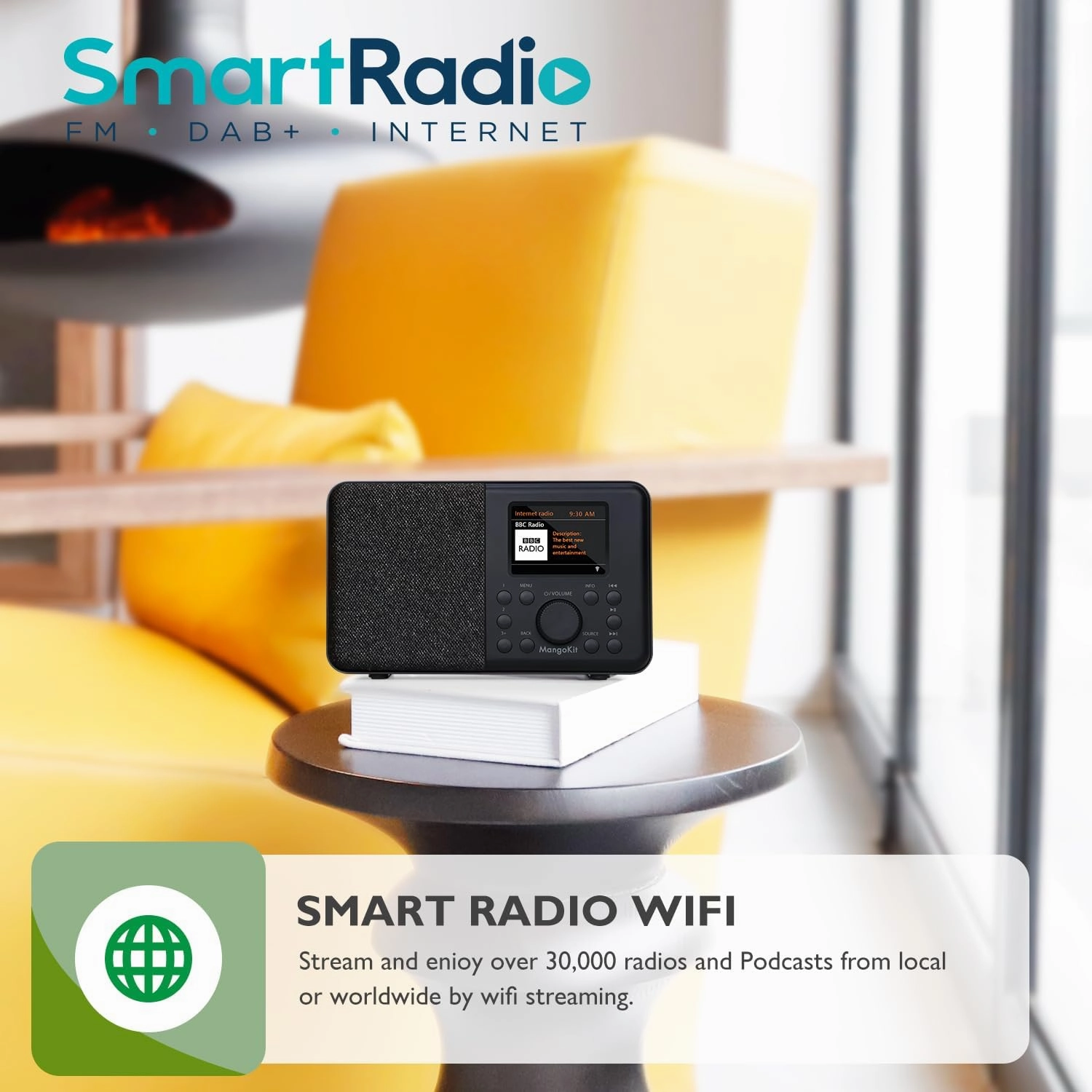 SR10 Smart WiFi Internet Radio, Podcast Player, Bluetooth Speaker, Portable FM Radio, Mains and Battery Powered Radio, Color Display,Dual Alarms, Presets,Application Control Support-Black