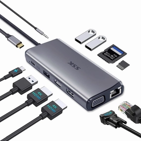 SSK Laptop USB C Docking Station Dual Monitor,HDMI 4K/60Hz Multiport Adapter 11 in 1 USB C Hub, Thunderbolt Dock Triple Display with 2 HDMI VGA,RJ45 Ethernet,100W PD,3 USB for MacBook,Dell,HP,Lenovo smart audio hub,voice control speaker,Alexa compatible au