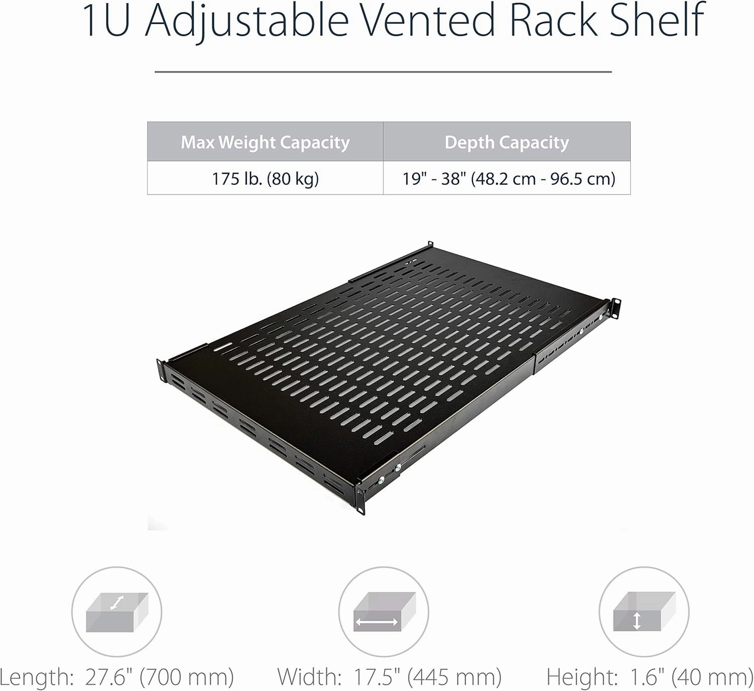 StarTech.com 1U Adjustable Vented Server Rack Mount Shelf - 175lbs - 19.5 to 38in Adjustable Mounting Depth Universal Tray for 19" AV/ Network Equipment Rack - 27.5in Deep , TAA (ADJSHELF)