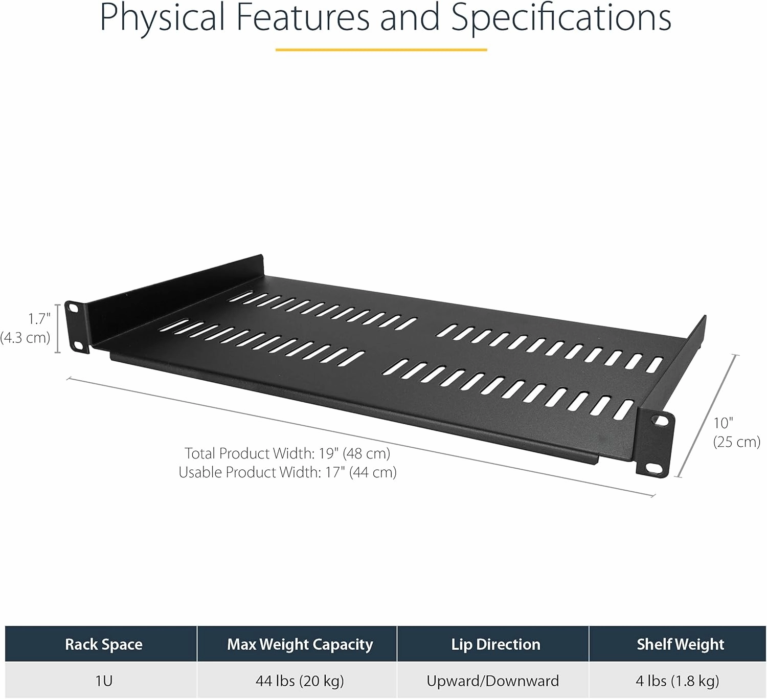 StarTech.com 1U Adjustable Vented Server Rack Mount Shelf & 1U Server Rack Shelf - Universal Vented Rack Mount Cantilever Tray for 19" Network Equipment Rack & Cabinet, Black (CABSHELFV1U)