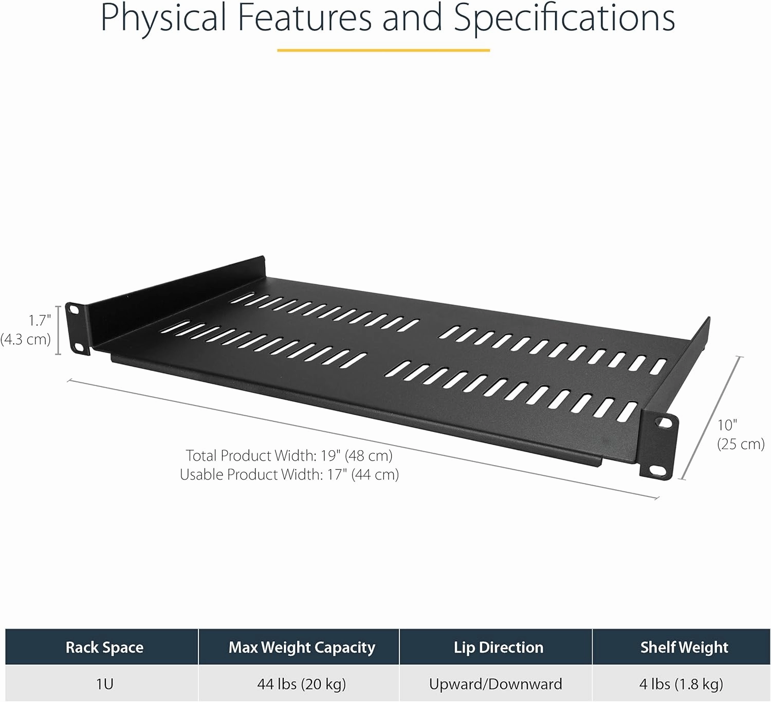 StarTech.com 1U Adjustable Vented Server Rack Mount Shelf & 1U Server Rack Shelf - Universal Vented Rack Mount Cantilever Tray for 19" Network Equipment Rack & Cabinet, Black (CABSHELFV1U)