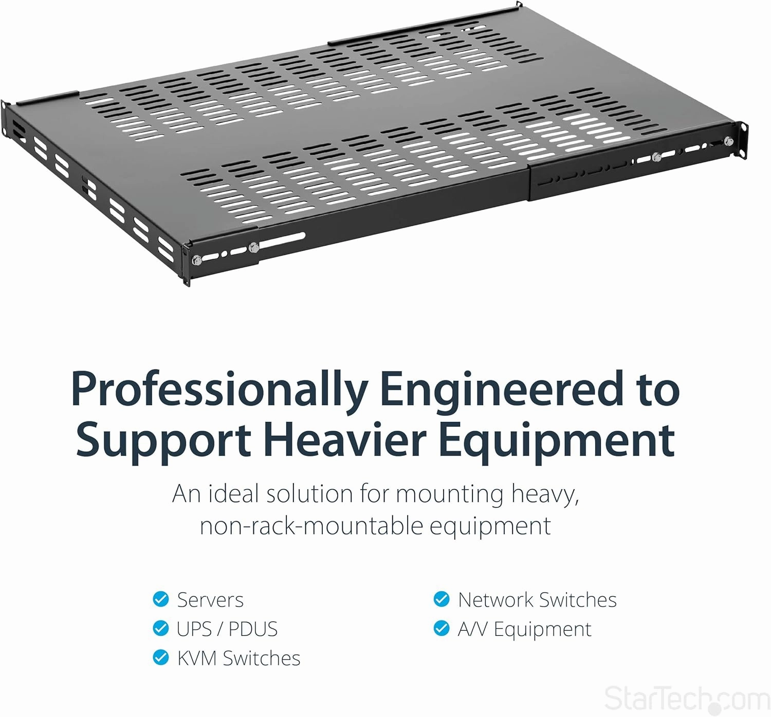 StarTech.com 1U Adjustable Vented Server Rack Mount Shelf & 1U Server Rack Shelf - Universal Vented Rack Mount Cantilever Tray for 19" Network Equipment Rack & Cabinet, Black (CABSHELFV1U)