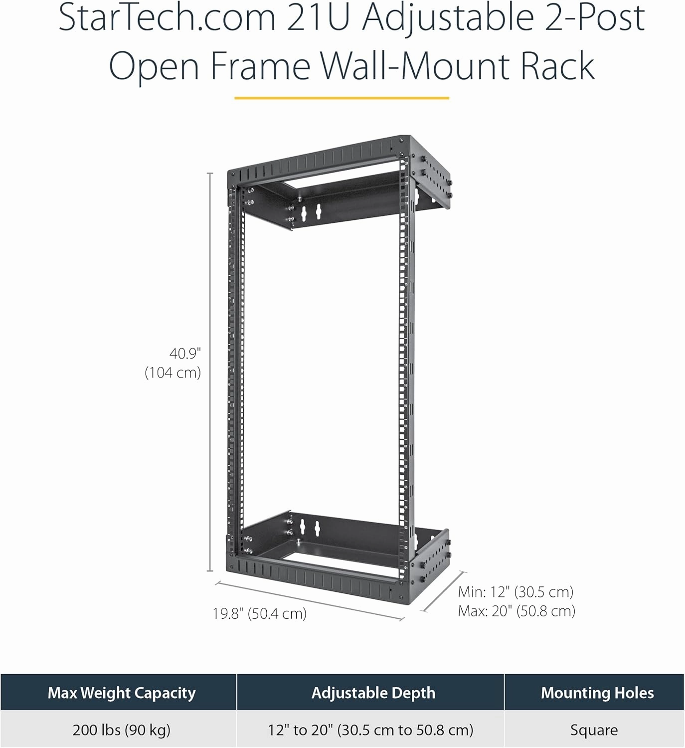 StarTech.com 2-Post 21U Heavy-Duty Wall Mount Network Rack, 19" Open Frame Server Rack with Adjustable Depth, Wall Mount Data Rack for IT / AV / Patch Panel / Computer Equipment (RACK-21U-20-WALL-OA)