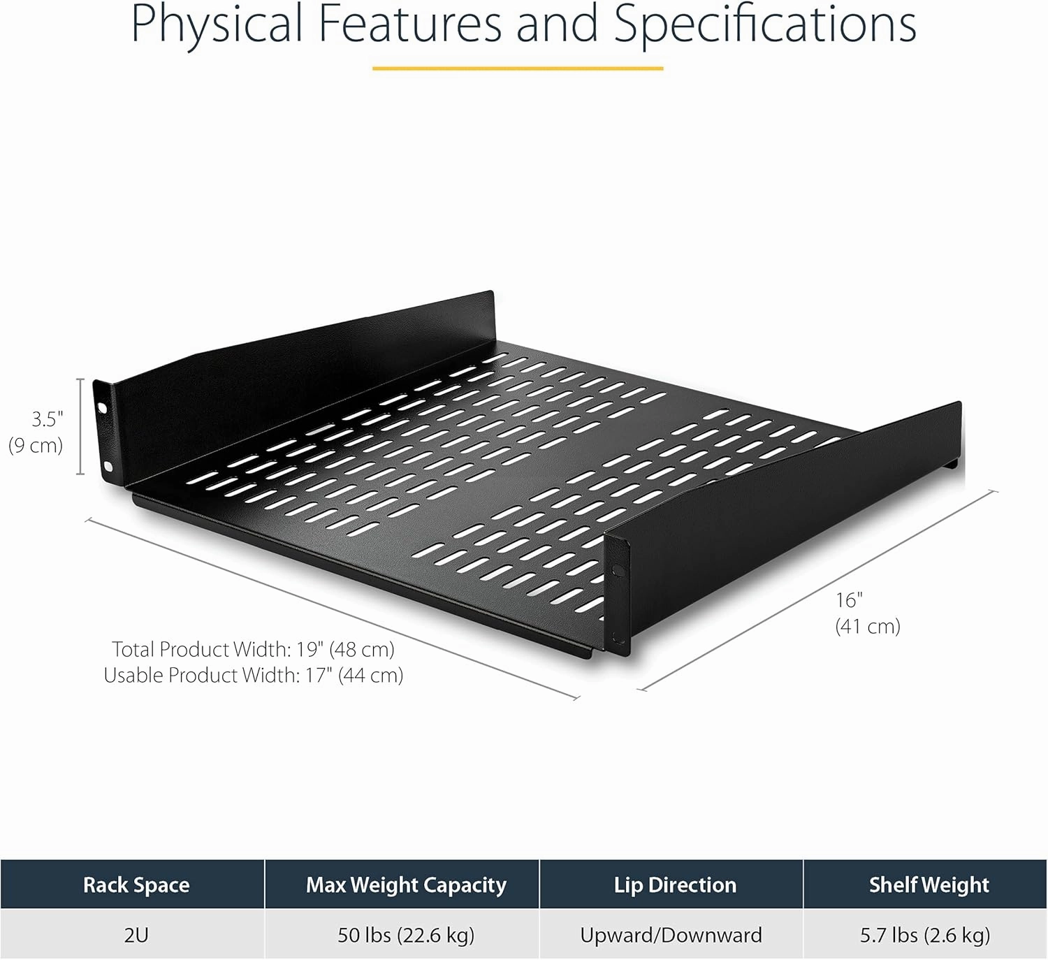 StarTech.com 2U Server Rack Shelf - Universal Vented Rack Mount Cantilever Tray for 19" Network Equipment Rack & Cabinet - Heavy Duty Steel - Weight Capacity 50lb/23kg - 16" Deep Shelf, TAA