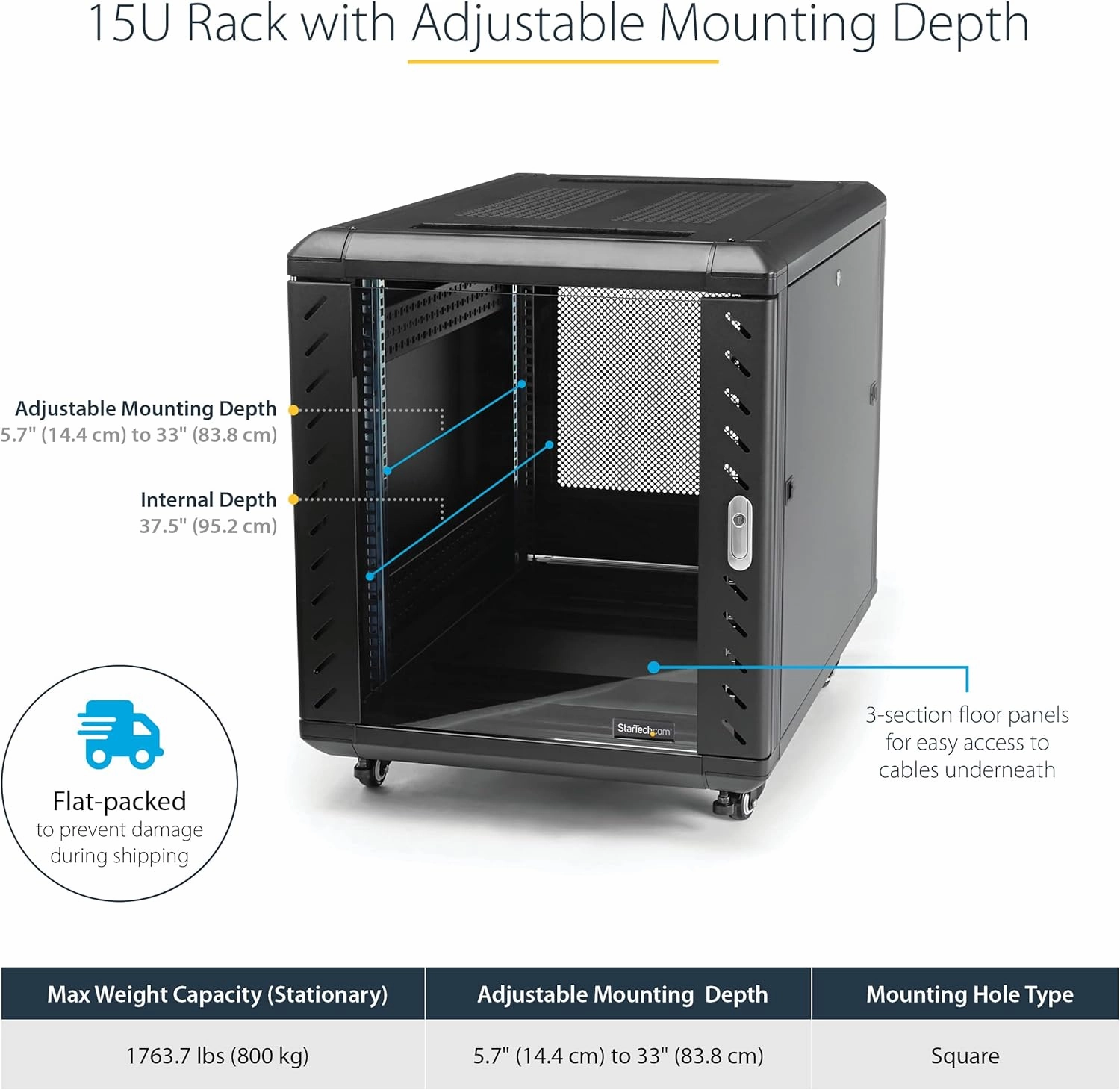 StarTech.com 4-Post 15U Server Rack Cabinet, 19" Data Rack Cabinet for IT / Network Equipment, with Adjustable Mounting Rails