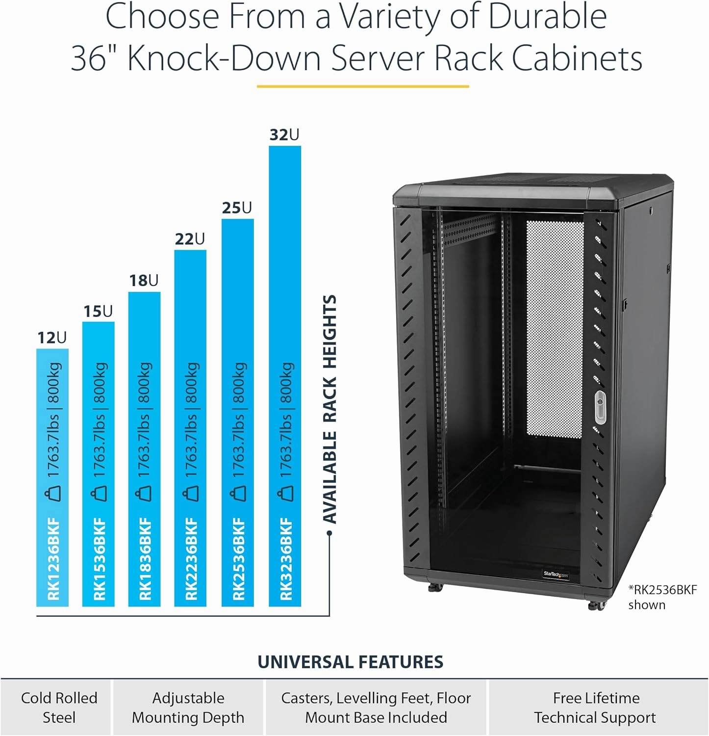 StarTech.com 4-Post 15U Server Rack Cabinet, 19" Data Rack Cabinet for IT / Network Equipment, with Adjustable Mounting Rails