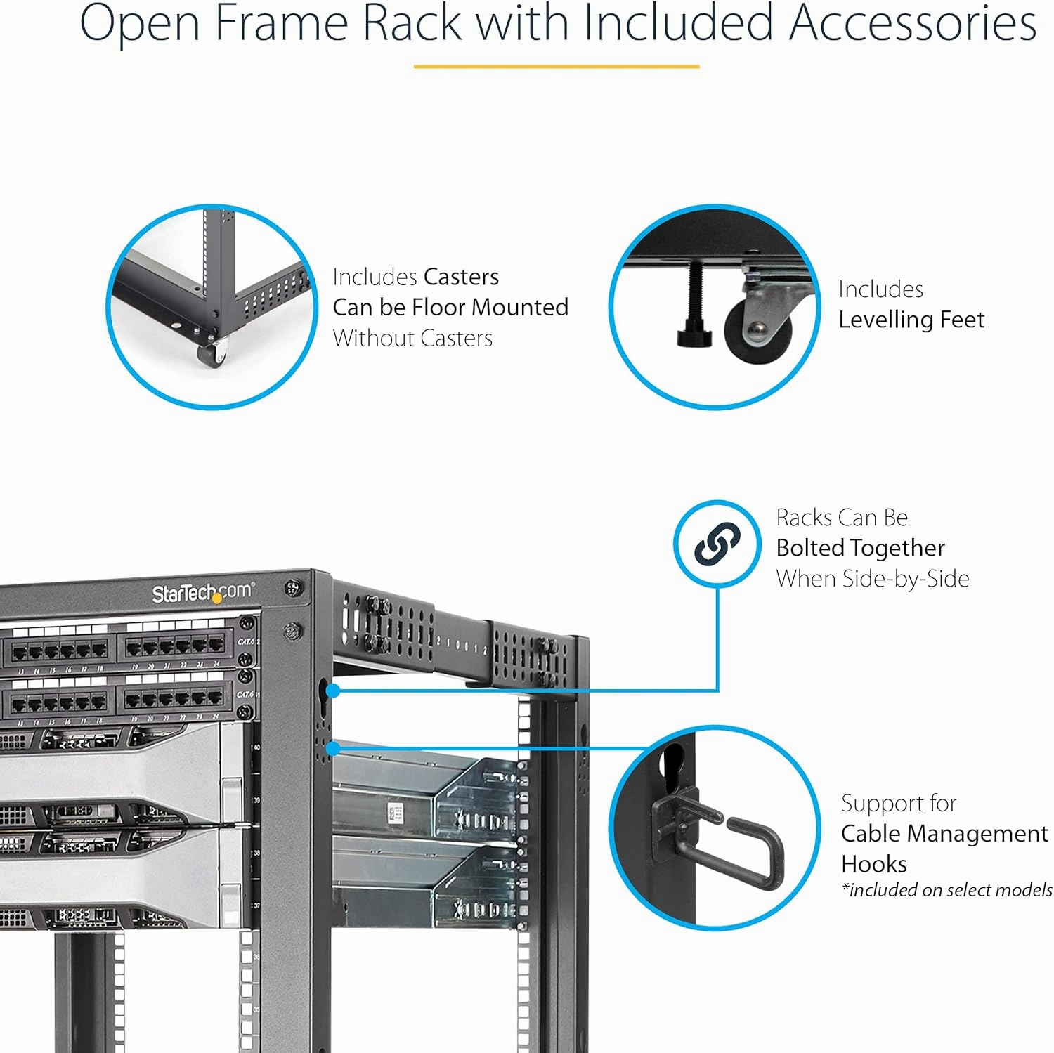StarTech.com 4-Post 18U Mobile Open Frame Server Rack, 19in Network Rack with Wheels, Rolling Rack for Computer/AV/Data/IT Equipment - Casters, Leveling Feet or Floor Mounting (4POSTRACK18U)