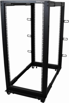 StarTech.com 4-Post 25U Mobile Open Frame Server Rack, 19in Network Rack with Wheels, Rolling Rack for Computer/AV/Data/IT Equipment - Casters, Leveling Feet or Floor Mounting (4POSTRACK25U) equipment cabinet,AV gear cabinet,component enclosure,
