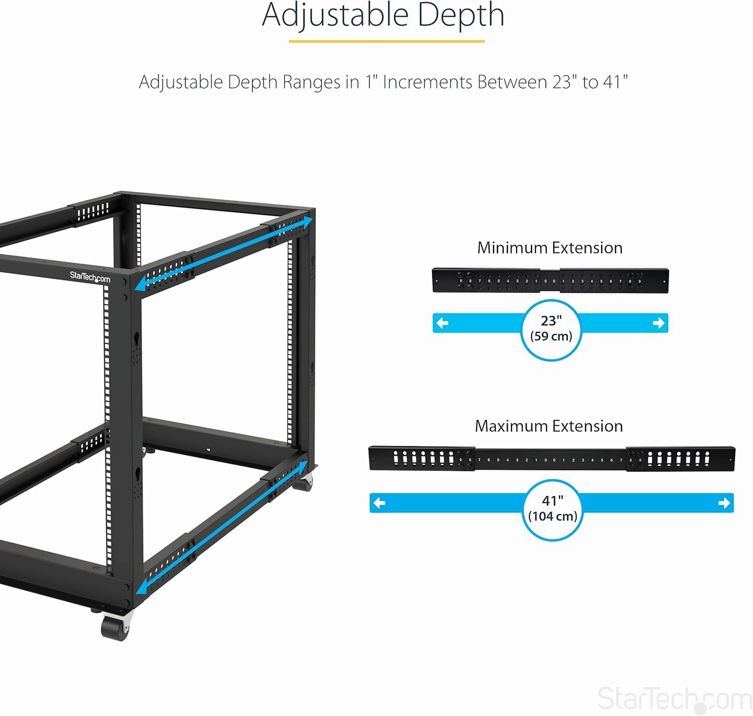 StarTech.com 4-Post 25U Mobile Open Frame Server Rack, 19in Network Rack with Wheels, Rolling Rack for Computer/AV/Data/IT Equipment - Casters, Leveling Feet or Floor Mounting (4POSTRACK25U)