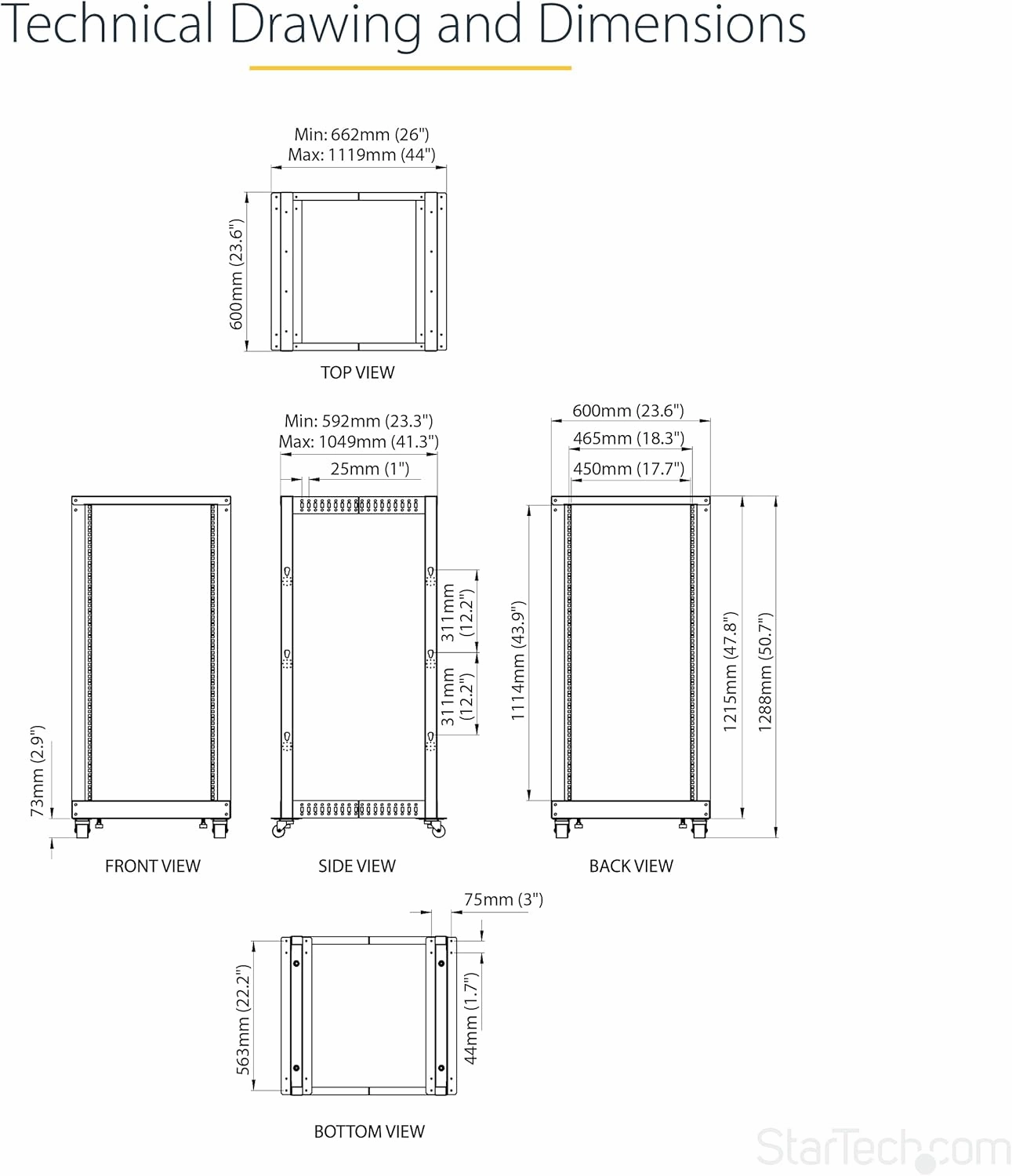 StarTech.com 4-Post 25U Mobile Open Frame Server Rack, 19in Network Rack with Wheels, Rolling Rack for Computer/AV/Data/IT Equipment - Casters, Leveling Feet or Floor Mounting (4POSTRACK25U)