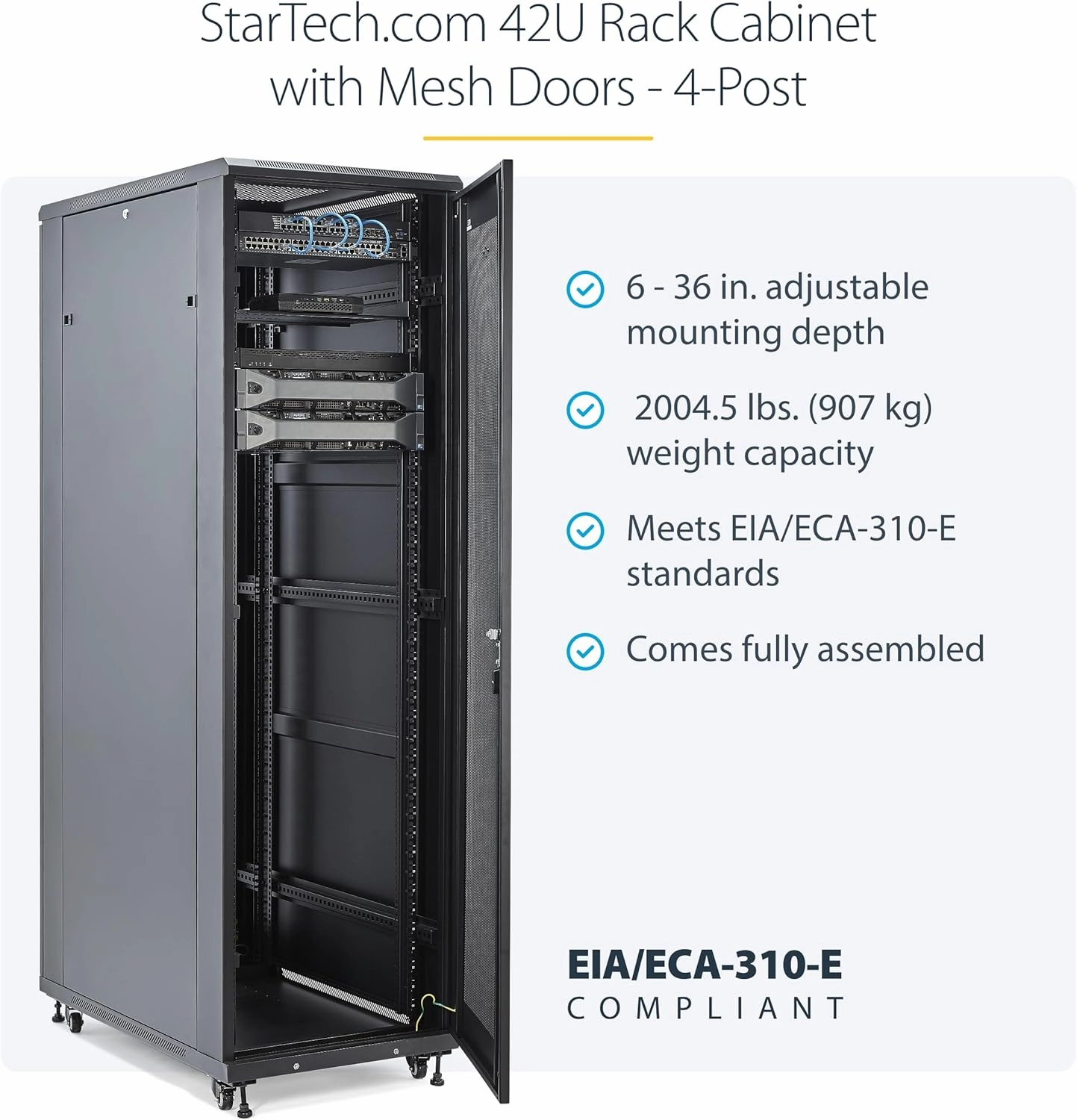 StarTech.com 4-Post 42U Server Rack Cabinet, 19" Data Rack Cabinet for IT Equipment Mount, Full Size Network Cabinet Storage