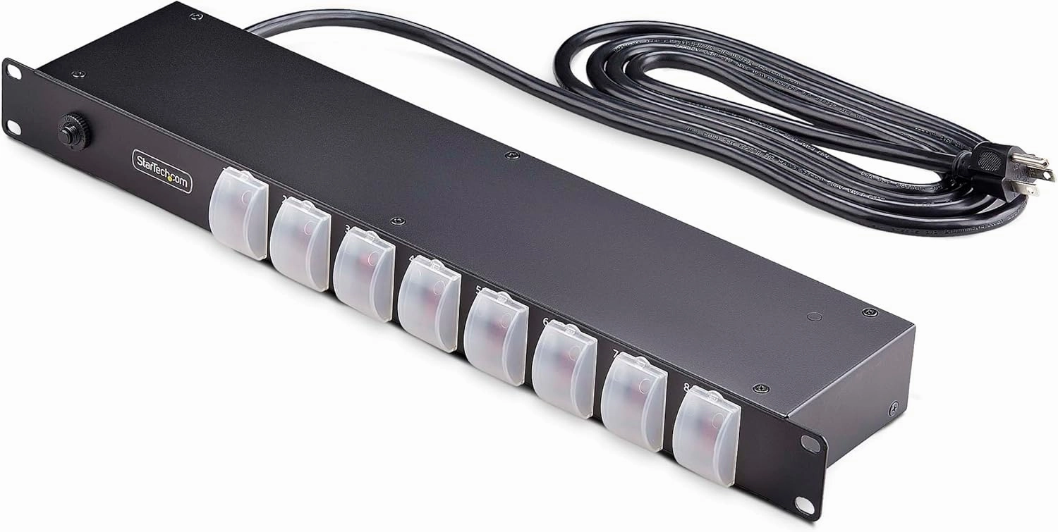 StarTech.com 8-Outlet Horizontal Rack Mount PDU, 1U Power Strip, Outlet On/Off Switches, 15A Breaker, 8ft/2.4m Cord NEMA 5-15, TAA rackmount gear,audio rack equipment,studio rackmounts,