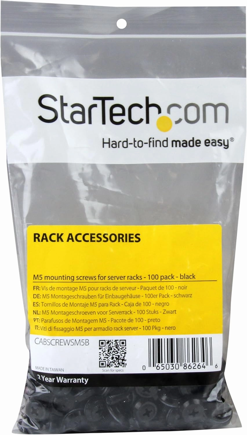 StarTech.com M5 x 12mm - Screws - 100 Pack, Black - M5 Mounting Screws for Server Rack & Cabinet , TAA (CABSCREWSM5B)