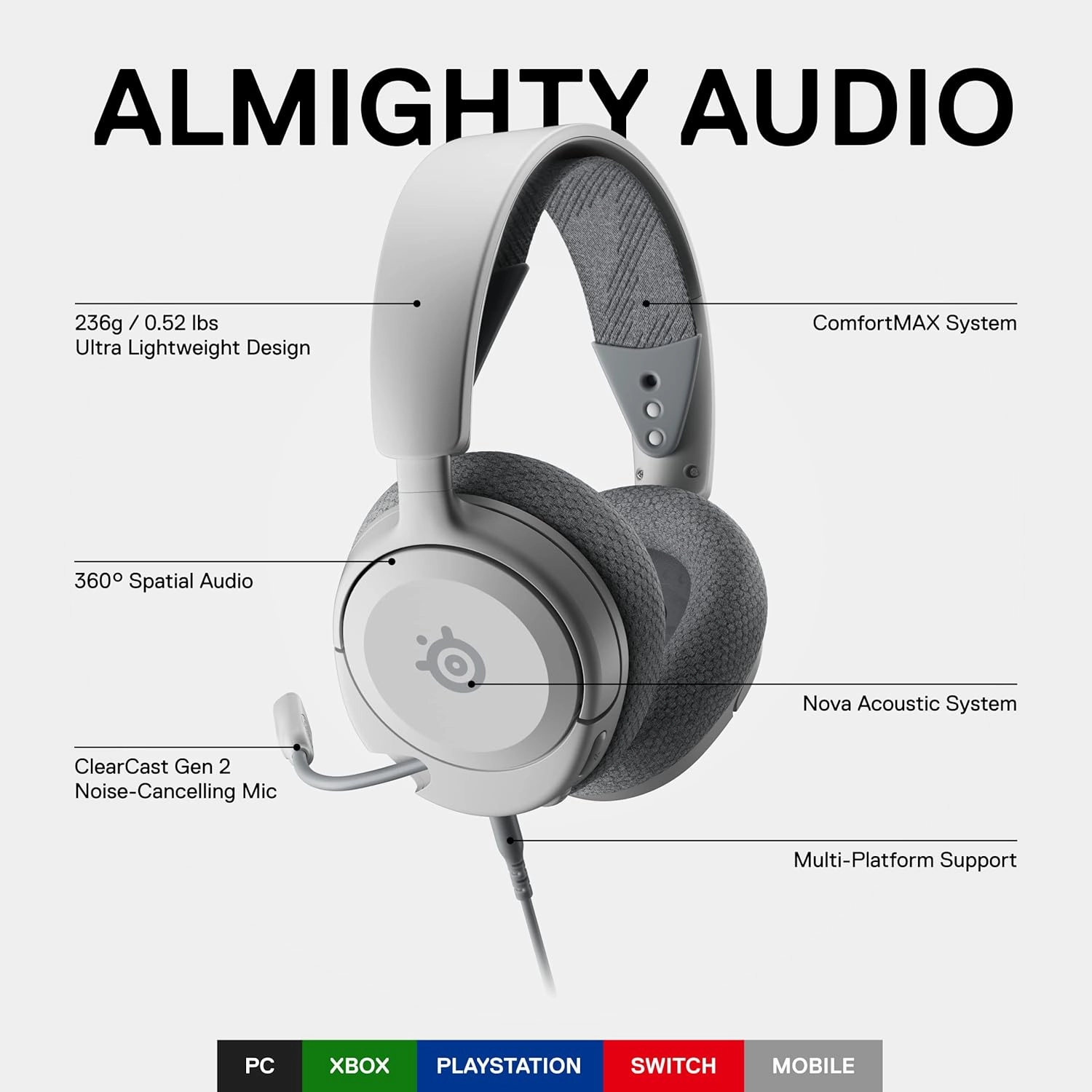 SteelSeries Arctis Nova 1 Multi-System Gaming Headset  Hi-Fi Drivers  360 Spatial Audio  Comfort Design  Durable  Ultra Lightweight  Noise-Cancelling Mic  PC, PS5/PS4, Switch, Xbox - White