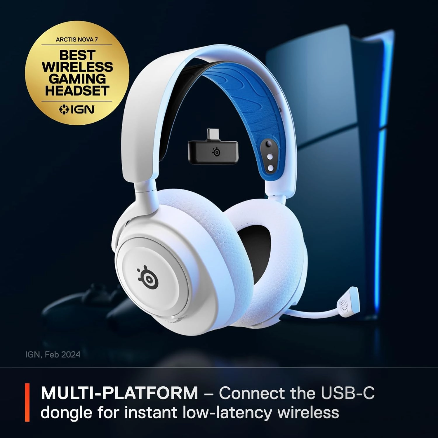 SteelSeries Arctis Nova 7P Wireless Multi-Platform Gaming Headset  Neodymium Magnetic Drivers  2.4GHz   Bluetooth  38Hr USB-C Battery  Gen2 AI Mic  PlayStation, PC, Switch, VR, Mobile - White