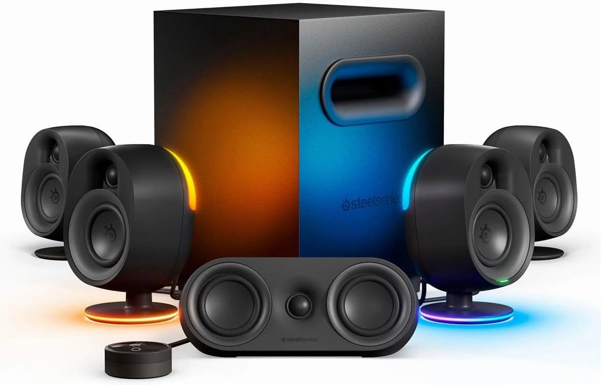 SteelSeries Arena 9 Illuminated 5.1 Desktop Gaming Speakers  5.1 USB Surround Sound  Wireless Rear Speakers  2-Way Speaker Design  Subwoofer  RGB Light, Bluetooth  PC, PlayStation, Mobile, Mac surround sound system,cinema audio kit,5.1 surround package,