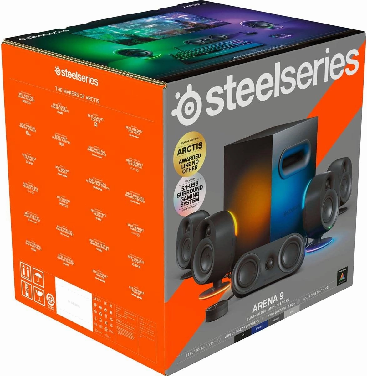 SteelSeries Arena 9 Illuminated 5.1 Desktop Gaming Speakers  5.1 USB Surround Sound  Wireless Rear Speakers  2-Way Speaker Design  Subwoofer  RGB Light, Bluetooth  PC, PlayStation, Mobile, Mac