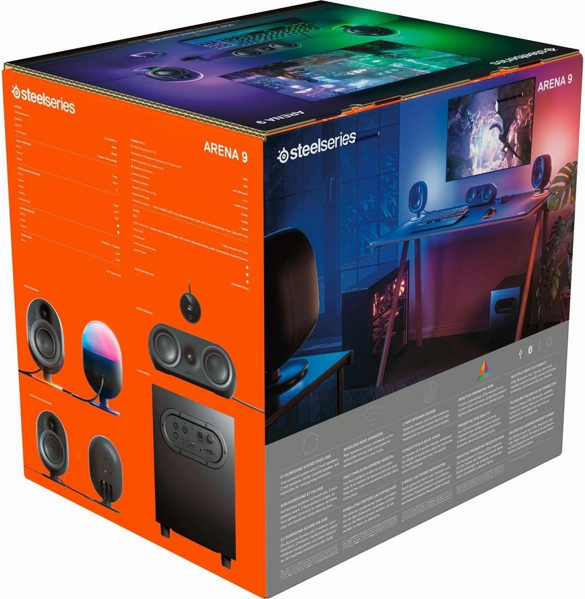 SteelSeries Arena 9 Illuminated 5.1 Desktop Gaming Speakers  5.1 USB Surround Sound  Wireless Rear Speakers  2-Way Speaker Design  Subwoofer  RGB Light, Bluetooth  PC, PlayStation, Mobile, Mac