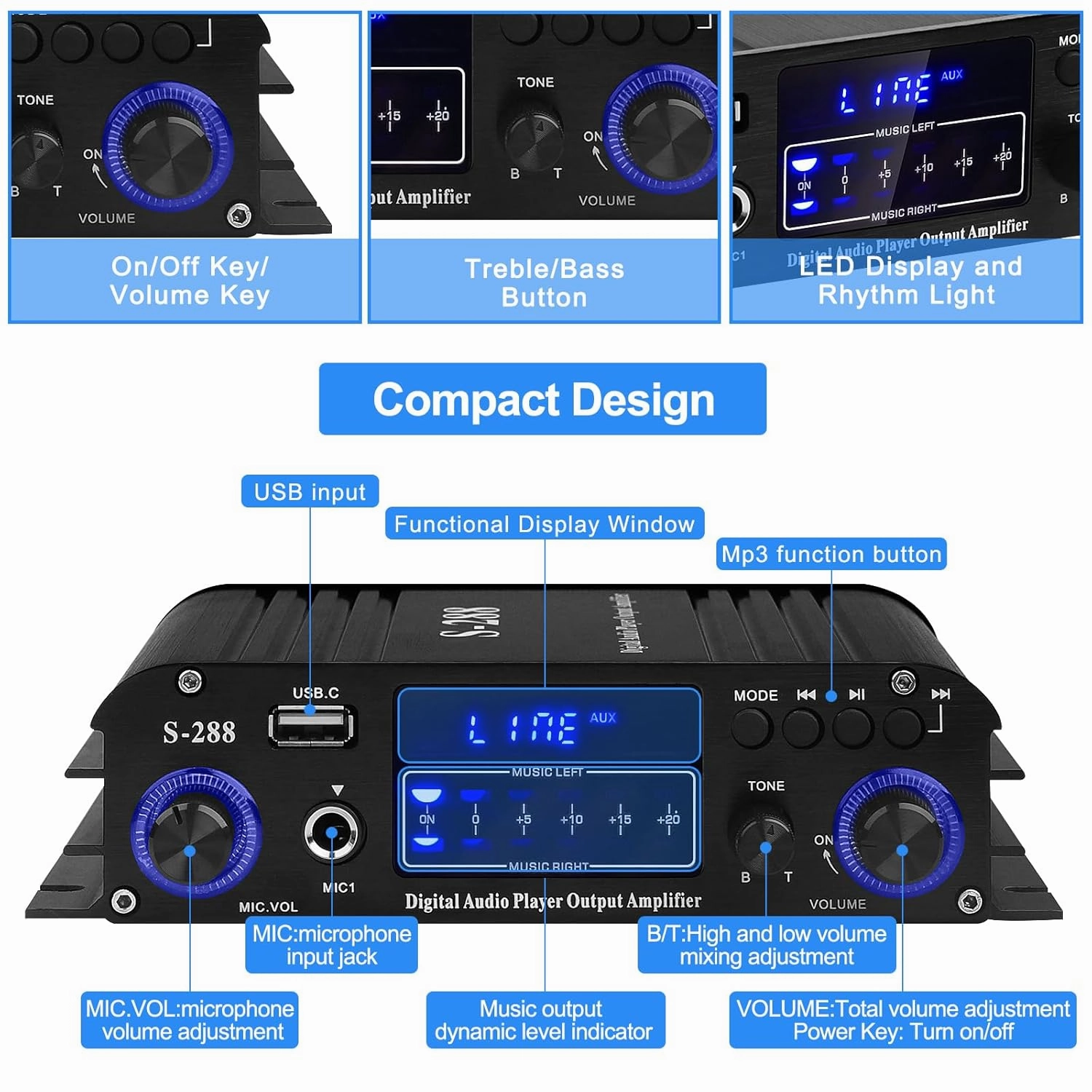 Stereo Audio Amplifier for Home Speakers S-288 Bluetooth 5.0 HiFi Mini Audio Component Amplifiers Receiver 4.0CH RMS 40Wx4 Max. 600W Integrated Power Amp W/USB,FM,Adapter