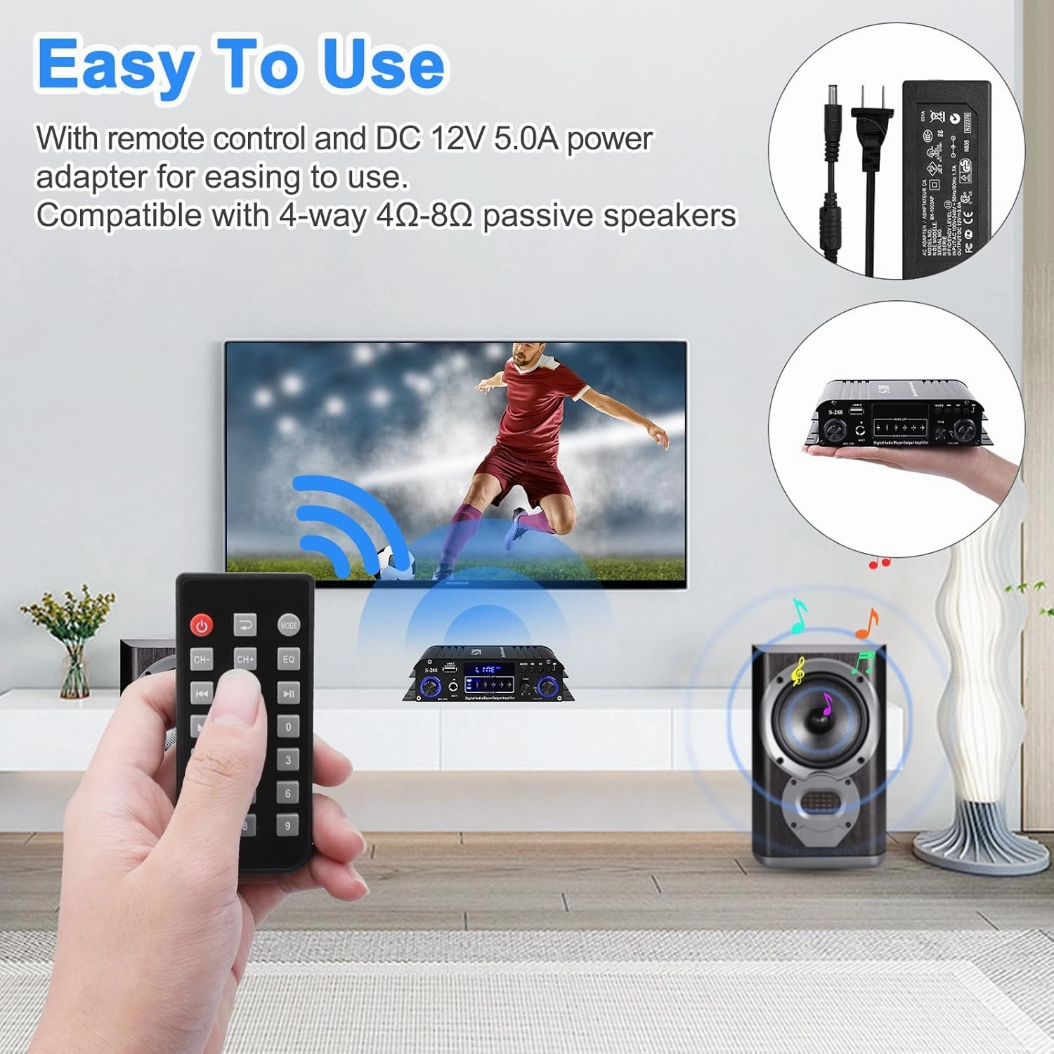 Stereo Audio Amplifier for Home Speakers S-288 Bluetooth 5.0 HiFi Mini Audio Component Amplifiers Receiver 4.0CH RMS 40Wx4 Max. 600W Integrated Power Amp W/USB,FM,Adapter