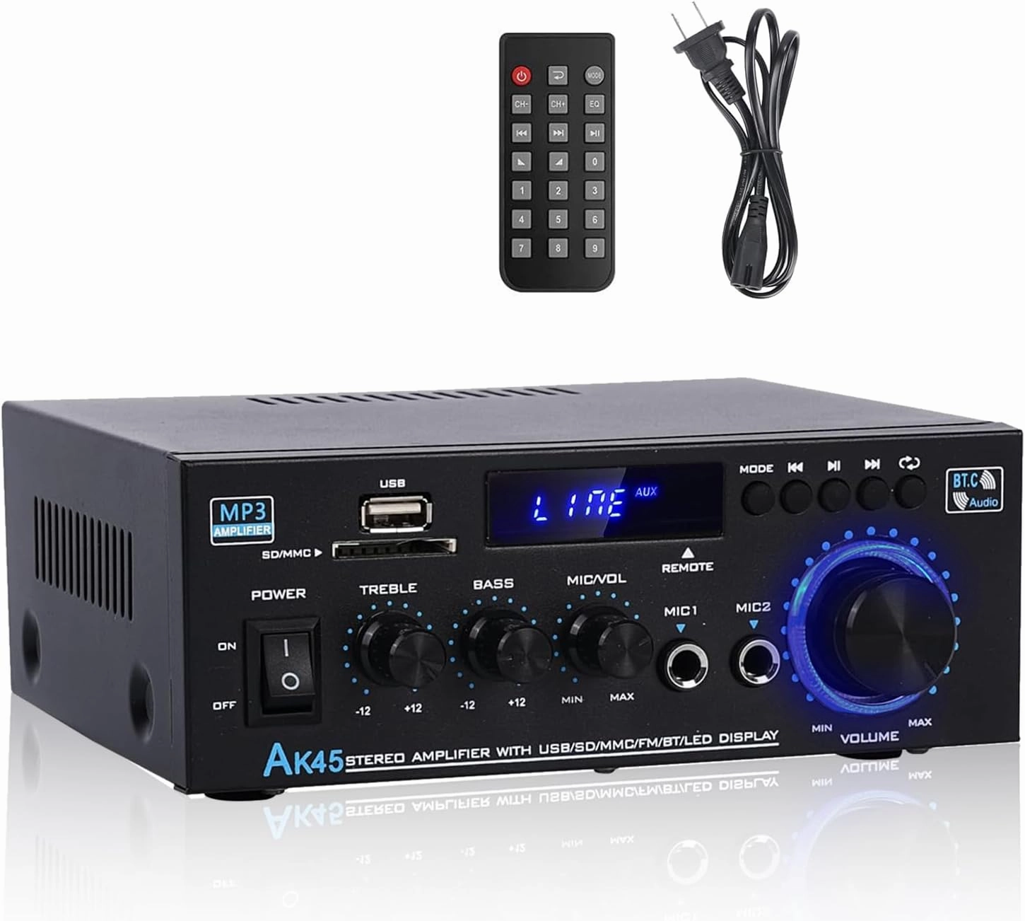 Stereo Home Audio Amplifier Receiver AK45, 600W Bluetooth 5.0 HiFi Stereo Power Amplifier 2.0 Channel RMS 40W x 2 Home Audio System with Remote Control Amp W/MIC,USB, RCA,FM Radio power amplifier,stereo amp,hi-fi power amp,