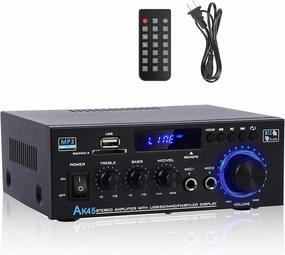 Stereo Home Audio Amplifier Receiver AK45, 600W Bluetooth 5.0 HiFi Stereo Power Amplifier 2.0 Channel RMS 40W x 2 Home Audio System with Remote Control Amp W/MIC,USB, RCA,FM Radio power amplifier,stereo amp,hi-fi power amp,