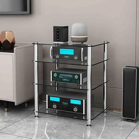Stereo Rack AV Media Stand with 1/2/3/4-Tier Tempered Glass Shelves, Audio Rack Tower CD Record Player Stereo Receiver AV Equipment Cabinet Display Stand(Clear,72cm/28.3in) equipment cabinet,AV gear cabinet,component enclosure,