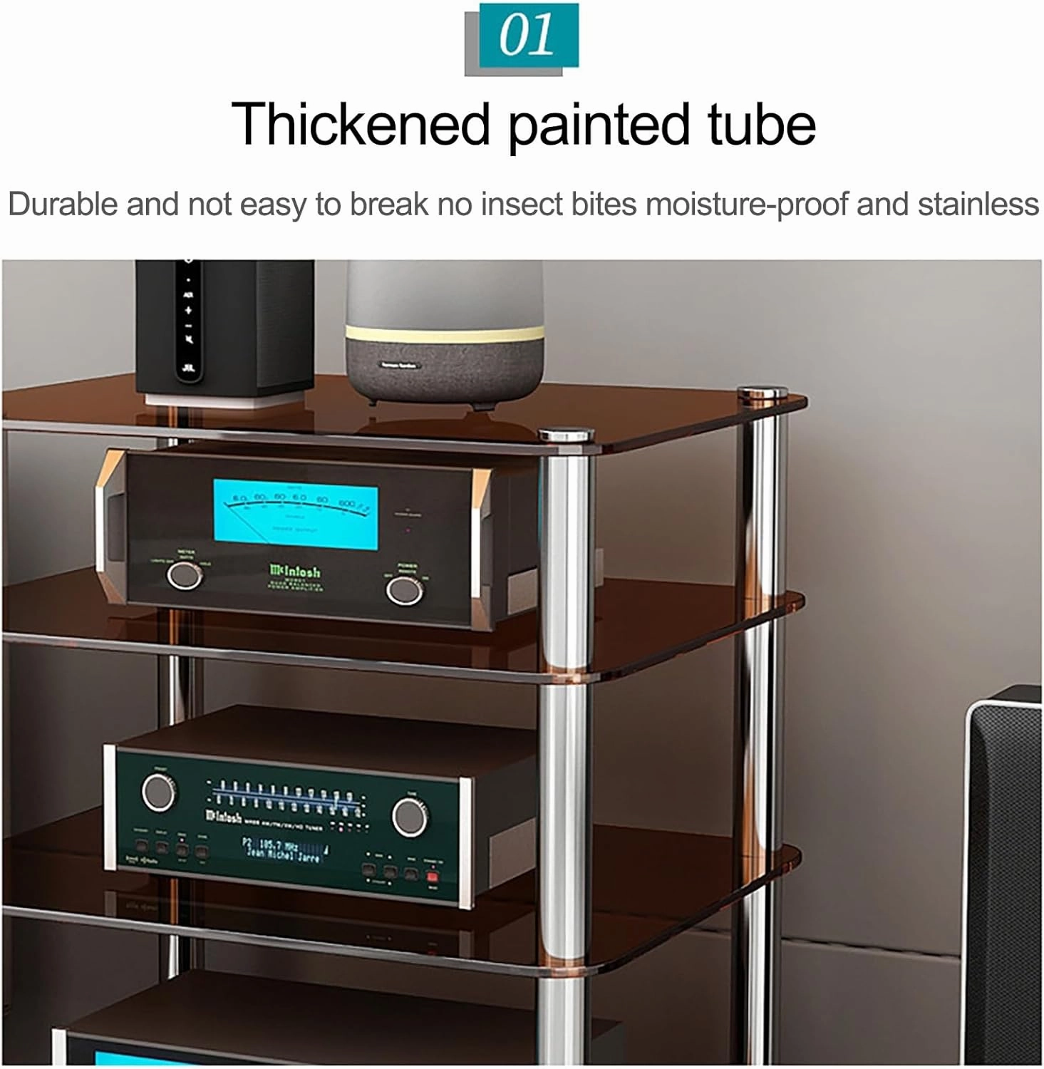 Stereo Rack AV Media Stand with 1/2/3/4-Tier Tempered Glass Shelves, Audio Rack Tower CD Record Player Stereo Receiver AV Equipment Cabinet Display Stand(Clear,72cm/28.3in)