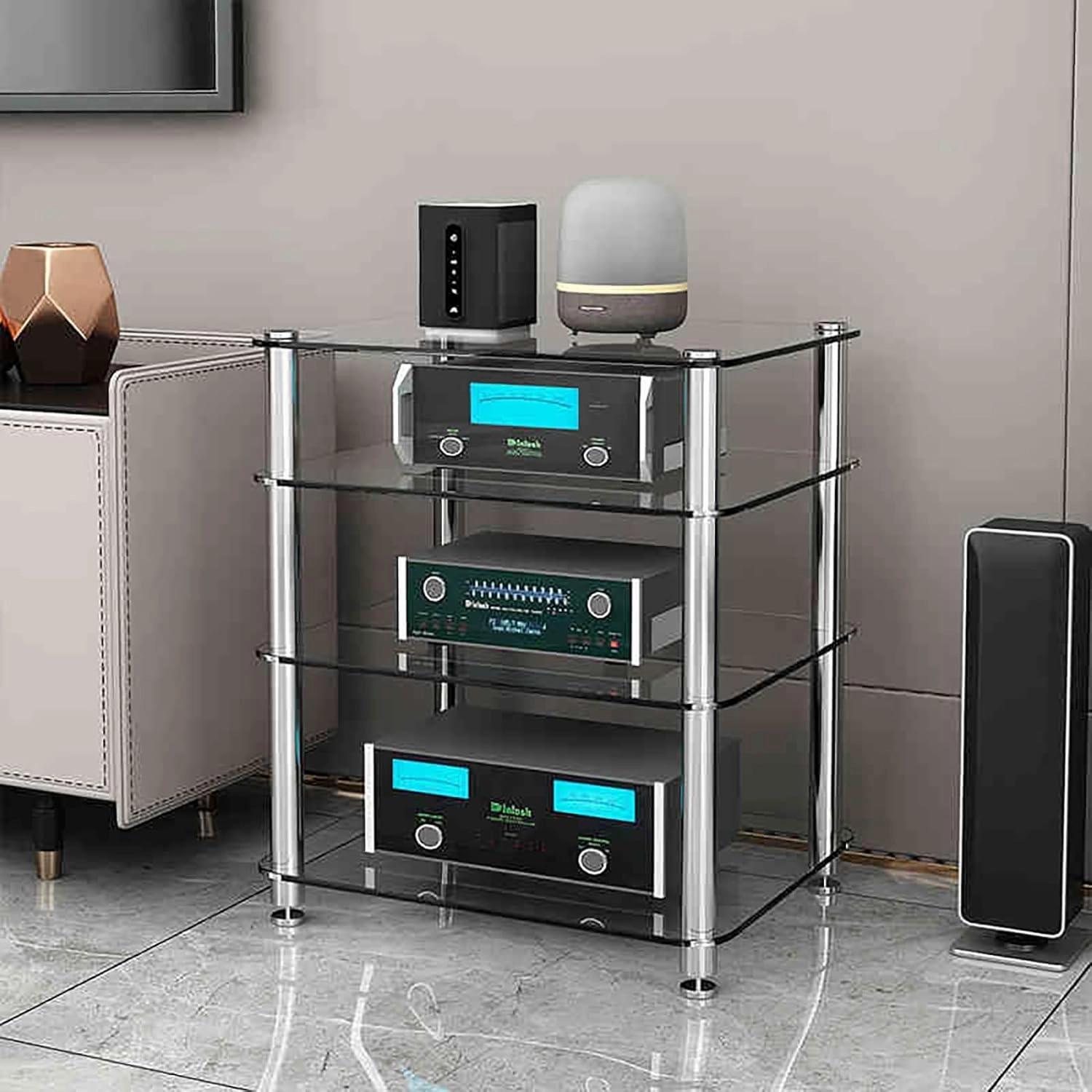 Stereo Rack AV Media Stand with 1/2/3/4-Tier Tempered Glass Shelves, Audio Rack Tower CD Record Player Stereo Receiver AV Equipment Cabinet Display Stand(Clear,72cm/28.3in) equipment cabinet,AV gear cabinet,component enclosure,