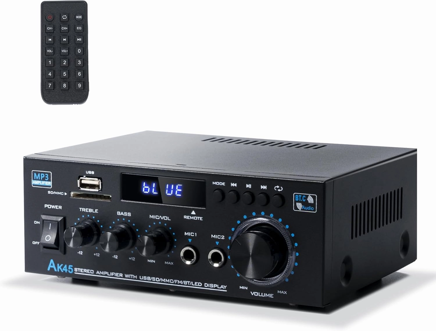 Stereo Receiver & Amplifier Home Audio Amp, AK45 Bluetooth Receiver for Home Stereo, 300Wx2, Bluetooth 5.0, 2 Channel, w/FM & Karaoke, w/USB/SD/RCA/MIC/FM in, w/Remote, for Garage Party Market integrated amplifier,stereo receiver,hi-fi amp combo,