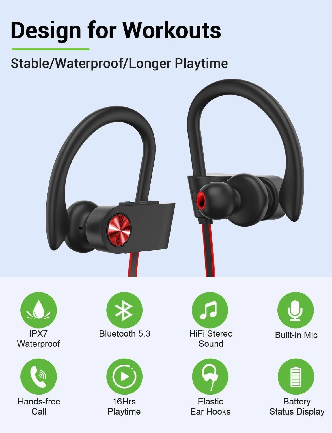 Stiive Bluetooth Headphones, 5.3 Wireless Sports Earbuds IPX7 Waterproof with Mic, Stereo Sweatproof in-Ear Earphones, Noise Cancelling Headsets for Gym Running Workout, 16 Hours Playtime - BlackRed