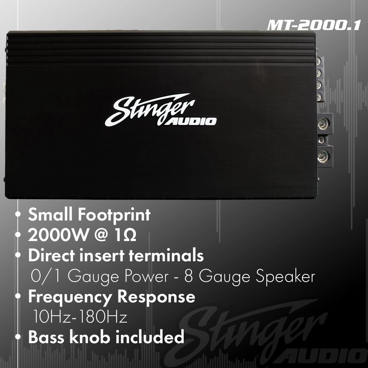 STINGER Audio MT20001 1-Channel Monoblock 2000 Watt RMS Car Audio Subwoofer Amplifier w/Remote Control Bass Knob, Class D, Hexfet Mosfet, Subsonic Filter, Low-Pass Filter, Bass Boost Q