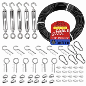 String Light Hanging Kit with Black Vinyl Coated 304 Stainless Steel Wire Rope,1/16 Inch Overmolded to 3/32 Inch,Turnbuckles and Hooks for Patio, Outdoor Post Light Accessories(200ft-56set) vinyl accessories,turntable parts,record player tools,