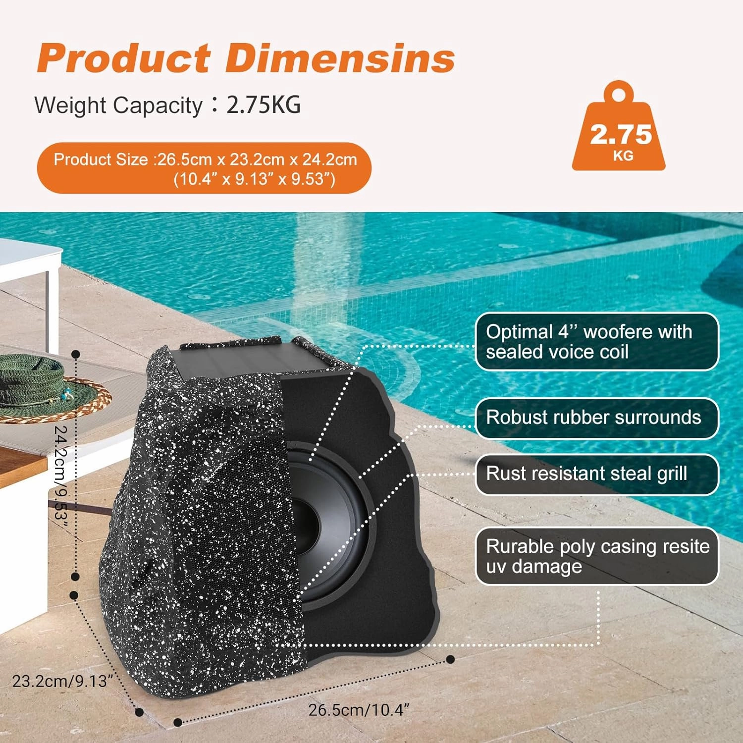 STUDIOFINIX 4" Rock Speakers Outdoor Waterproof - 5.3 Bluetooth Wireless Speaker Solar Powered Max Peak 160W for Garden,Patio,Deck,Pool,Backyard (Gray 1 Pair)