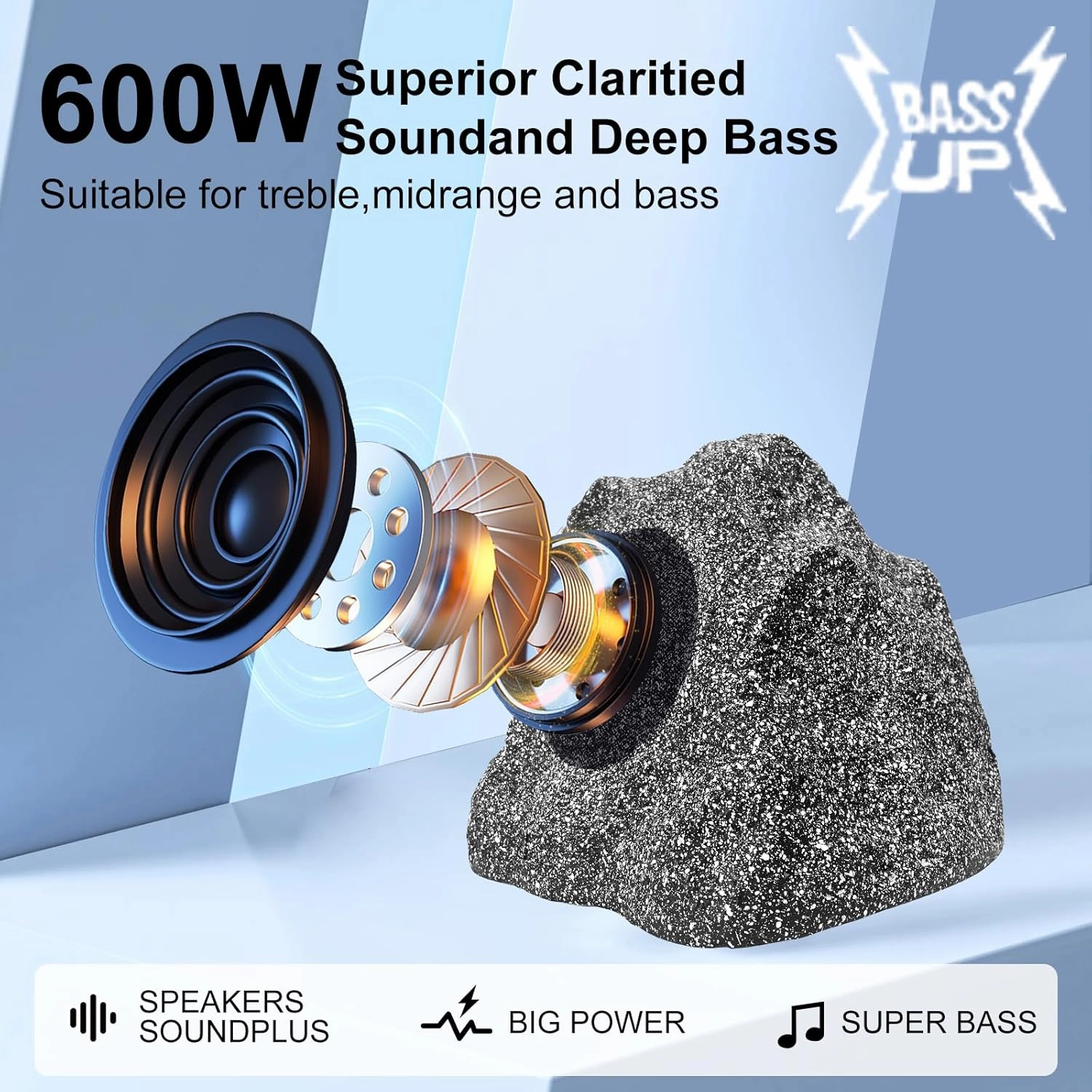 STUDIOFINIX 8" Outdoor Rock Bluetooth Speakers Waterproof Powerful 600 Watt Deep Bass All Weather Durable for Outdoor Garden Pool Patio Deck Porch BBQ (1 Pair, Gray)