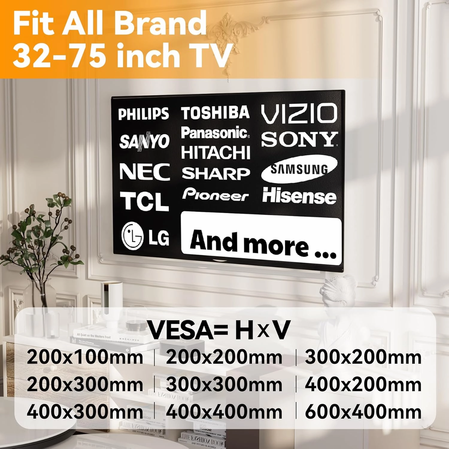 Studless TV Wall Mount for 32-75 inch TVs, No Drill Drywall TV Bracket Holds up to 150 lbs, Bubble Level Included, Low Profile, No Stud, Easy to Install for Bedroom Living Room